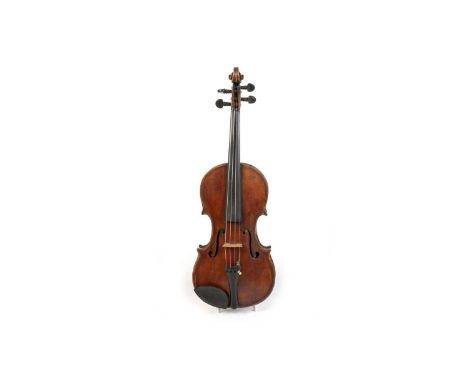A German violin, probably Mittenwald, with decorative inlaid back, ruby to amber varnish, length of back 35.8cms, cased with 