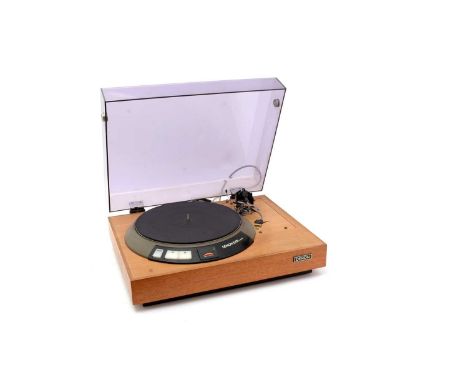 A Denon DP-3000 direct-drive record deck, with an SME series IIIS tonearm fitted an MP-50 cartridge, on light-oak plinth.