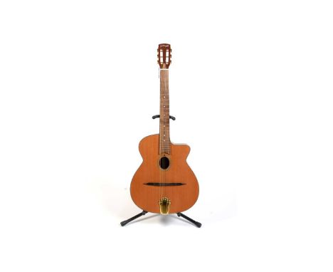 A Stagg JZ120 Gypsy Jazz style guitar, with laminated rosewood back and ribs, solid spruce top, slotted headstock.