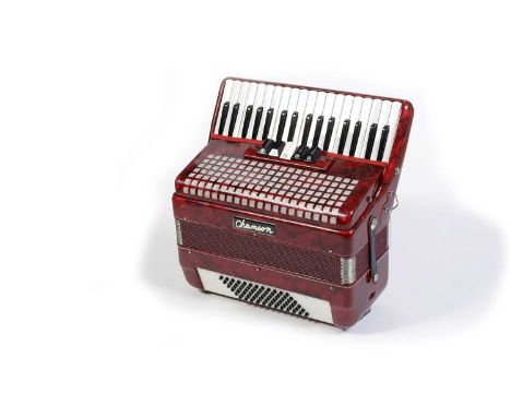 A Chanson 72 bass red pearl finish piano accordion, flight case.