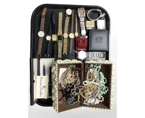 A shell-mounted jewellery box containing assorted bead necklaces, a group of lady's and gent's wristwatches, including Casio,