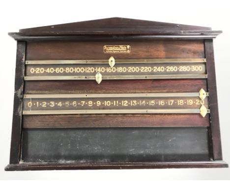 A Burroughes & Watts Ltd mahogany and brass snooker scoreboard, width 69 cm.