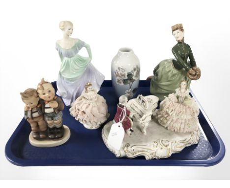 A Royal Doulton figure 'Grace' HN2318, a Coalport ladies of fashion figure 'Stella', Hummel and Dresden figures, and a Royal 