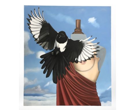 Jan J : Mannequin with magpie, oil on canvas, 81cm x 100cm.