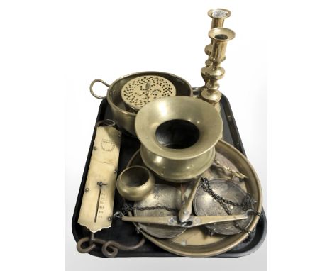 Brass wares to include pair of candlesticks, cooking pot, Salter improved spring balance, a further set of scales, etc. 