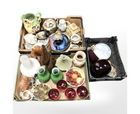 Various ceramics including Japanese satsuma export vases and plates, ruby champagne glasses, various vases, figurines, etc. (