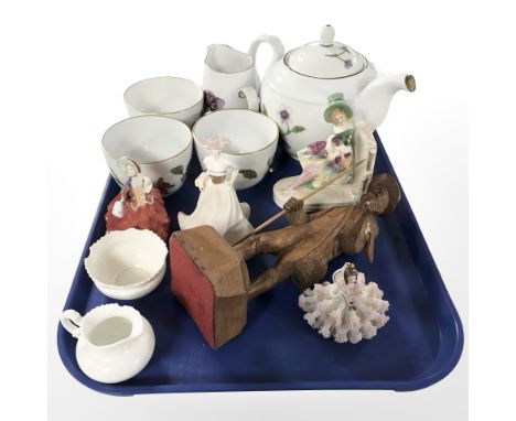 A Royal Worcester Astley teapot and mugs, Royal Doulton and Coalport figurines, treen carving of a fisherman, Dresden figurin