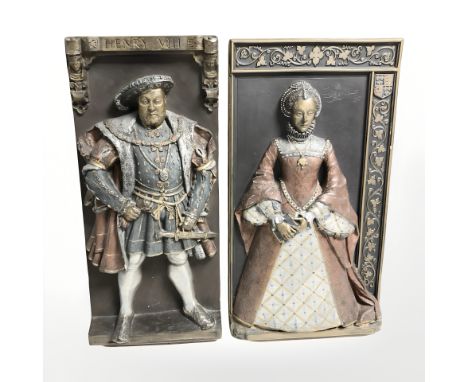 A pair of Marcus Designs ceramic plaques depicting Henry VIII and Elizabeth I, each 36 cm x 20 cm.