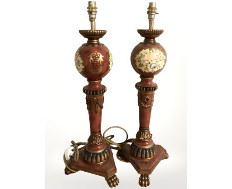 An ornate pair of contemporary lacquered lamp bases on paw feet, height 63 cm.