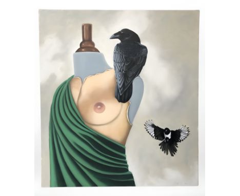 Jan J : Mannequin with jackdaw, oil on canvas, 81cm x 100cm.