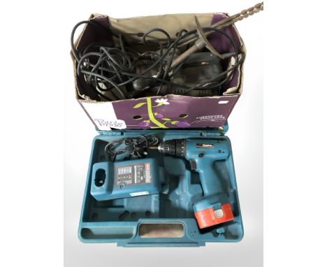 A Makita power drill, in case, together with a vintage hand drill, a sander, etc.