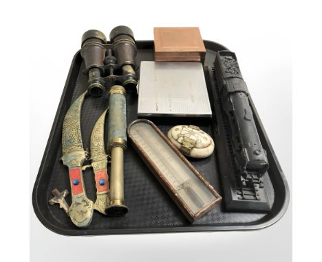A telescope, pair of antique binoculars, two Eastern knives in brass sheaths, bone trinket box, small thermometer, coal model