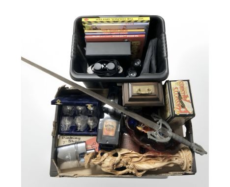 A fantasy sword, hip flasks, Murano glass clown, reproduction bracket clock, annuals, two pairs of binoculars, etc. (2 boxes)