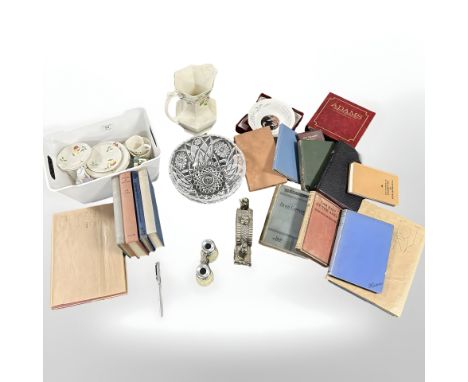 Miscellaneous items including opera glasses, volumes including Dickens, crystal fruit bowl, Maling lustre jug, Wedgwood bowl 