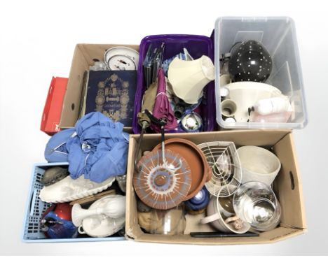 Assorted home wares, lamp bases, glass wares, umbrellas, DVDs, illustrated Holy Bible, bag of marbles, etc. (5 boxes)