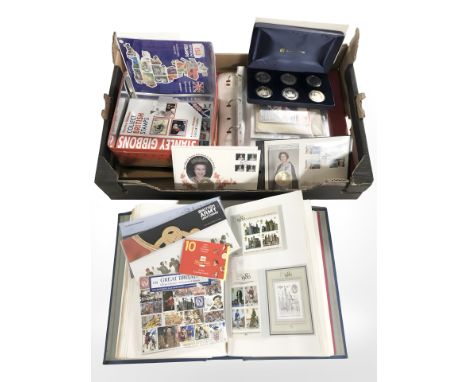 A group of First Day Covers, Westminster Royal Family commemorative coin collection, assorted stamps, etc. (1 box)