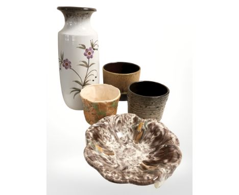 A West German pottery vase, a Silvac planter, two further eartenware planters and a West German fruit bowl.