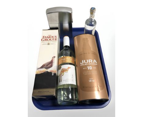 Mixed alcohols to include Famous Grouse Finest scotch whisky, 70 cl in carton, Yellow Tail wine, 750 ml, Isle of Jura single 