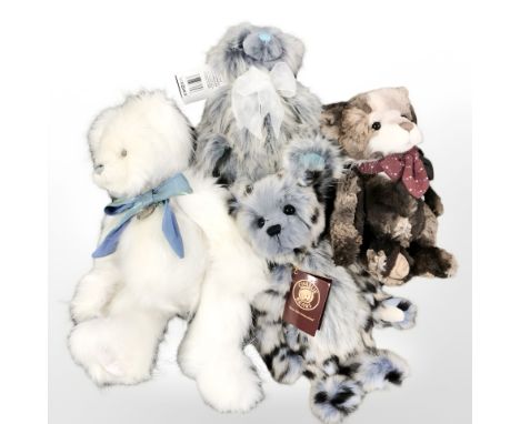 Four Charlie Bears with tags including Mushroom, Bud, Damon and Charlie Year Bear 2020, a limited edition of 4000 