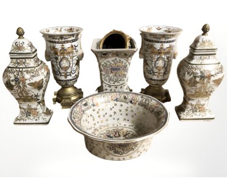 Two pairs of decorative reproduction ceramic vases. similar bowl, a further square section vase and gilt / ebonised vase stan