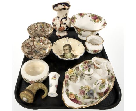 Various ceramics including Royal Albert Old Country Roses dishes, vase, figure of a swan, Royal Doulton china flower posies, 