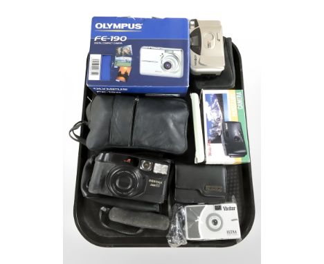 A group of cameras : Olympus FE-190 digital compact camera, Minolta, Pentax, Vivitar etc 