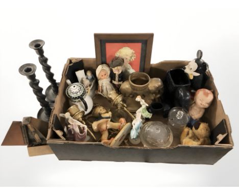 Assorted items including a metronome, pair of barley twist candlesticks, figurines, dolls, brass wall sconce, etc. (1 box)