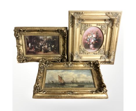 Contemporary school : Still life with flowers in a vase, oil on canvas, 24 cm x 19 cm, in ornate gilt frame, a further simila