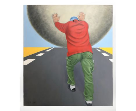 Jan J : Figure on a road pushing boulder, oil on canvas, 81cm x 100cm.