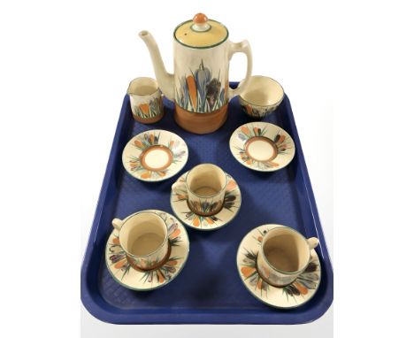 A Clarice Cliff for Newport Pottery Bizarre Crocus pattern part coffee service (as found).  CONDITION REPORT: Teapot with hai