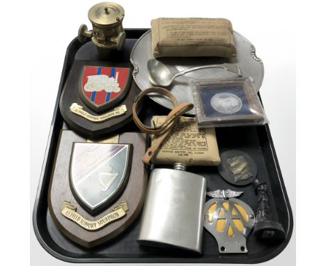 Two plaques on wooden shields marked 'Field Support Squadron', a hip flask with Royal Corps of Transport crest, brass telesco