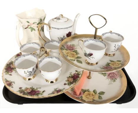 A Royal Stafford Roses to Remember coffee service, together with a Royal Albert Old Country Roses pedestal dish, Maling lustr