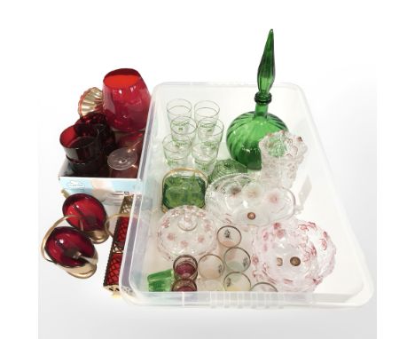 Assorted ruby glass wares, large green glass decanter, set of Irish coffee glasses, German grapefruit dishes and similar item
