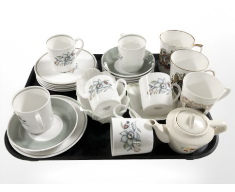 Group of Susie Cooper for Wedgwood coffee cans and saucers, Royal commemorative mugs, Royal Doulton Camilla dish, etc 