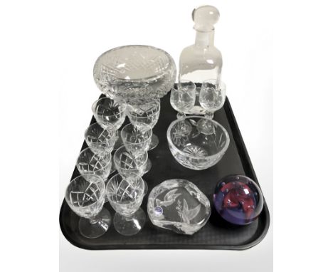A group of Brierley Crystal drinking glasses, decanter, Caithness Diabolo paper weight, fruit bowl etc 