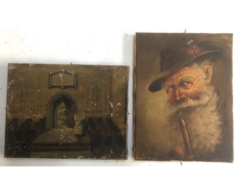 A late Victorian naive oil on canvas, interior of Ovingdean Church, 18x23cm; together with a portrait of a bearded man, signe