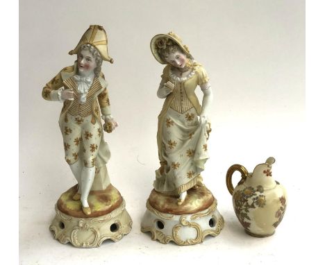 A Royal Worcester blush ivory late 19th/early 20th century jug (af, 13cmH); together with two bisque figures of a lady and ge