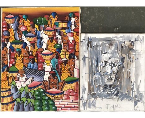 20th century, oil on canvas, African market scene, 20x30cm; together with a further oil on canvas portrait of Einstein, signe