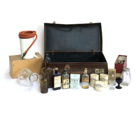 A vintage doctors case containing a quantity of medical items, to include a boxed 'Maw's Enamelled Steel Douche'; Bermingham 