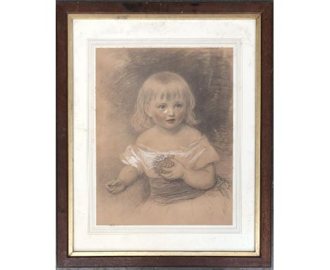 19th century portrait of a girl with a pinecone, charcoal heightened in white, 58x45cm 