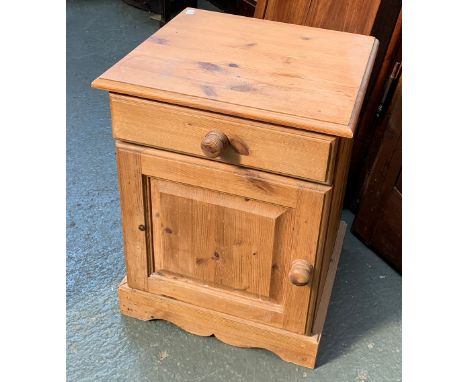 A pine bedside cabinet, 61cmH; together with a red vinyl button upholstered stool; and a gilt adjustable dressing mirror (3) 