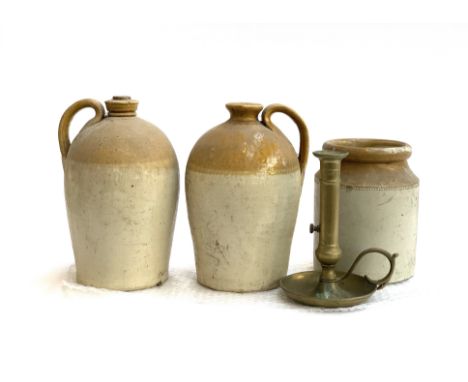 Two stoneware flagons, each 29cmH; together with a stoneware jar and brass ejector candlestick holder (4)