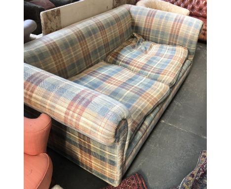 A large deep three seater sofa in a tartan fabric, 115cm deep, 215cmW 