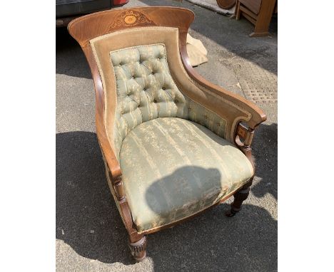 An Edwardian mahogany and inlaid button upholstered armchair, 60cmW 