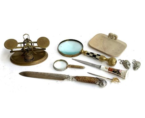 A mixed lot to include desk objects, miniature weighing scales; magnifying glass; cast metal mice; soapstone elephant dish; R