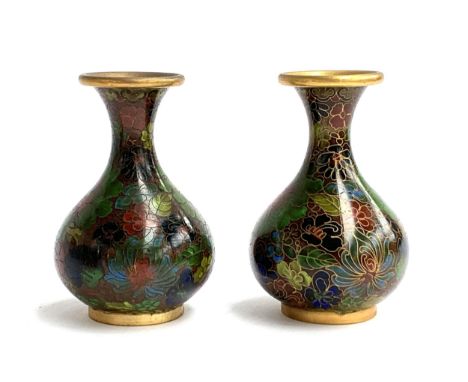 A pair of Chinese cloisonne enamel and brass vases of bottle form, each 10.5cmH 