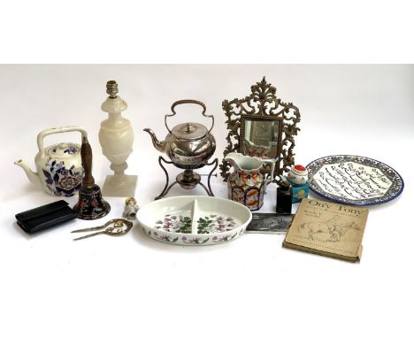 A mixed lot to include plated teapot on stand with burner, onyx table lamp, Portmeirion Botanic Garden dish, On'y Tony book, 