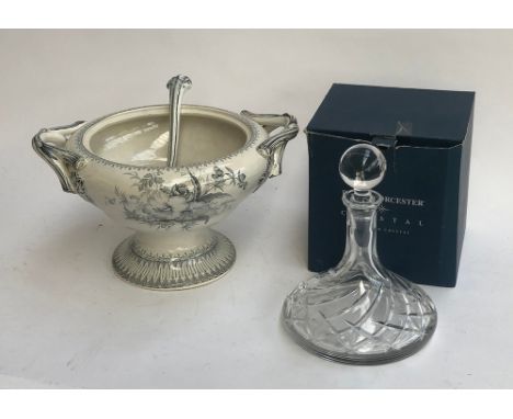 A Royal Worcester crystal decanter; together with a ceramic punch bowl and ladle 