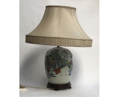 A large Chinese table lamp on a hardwood base, 65cmH to top of shade