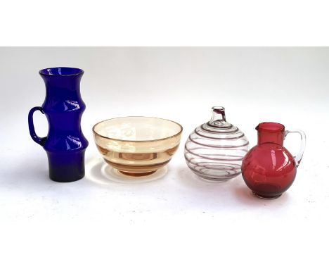 A collection of art glass, to include swirl bottle vase, 16cmH; blue bamboo form jug; cranberry jug etc 